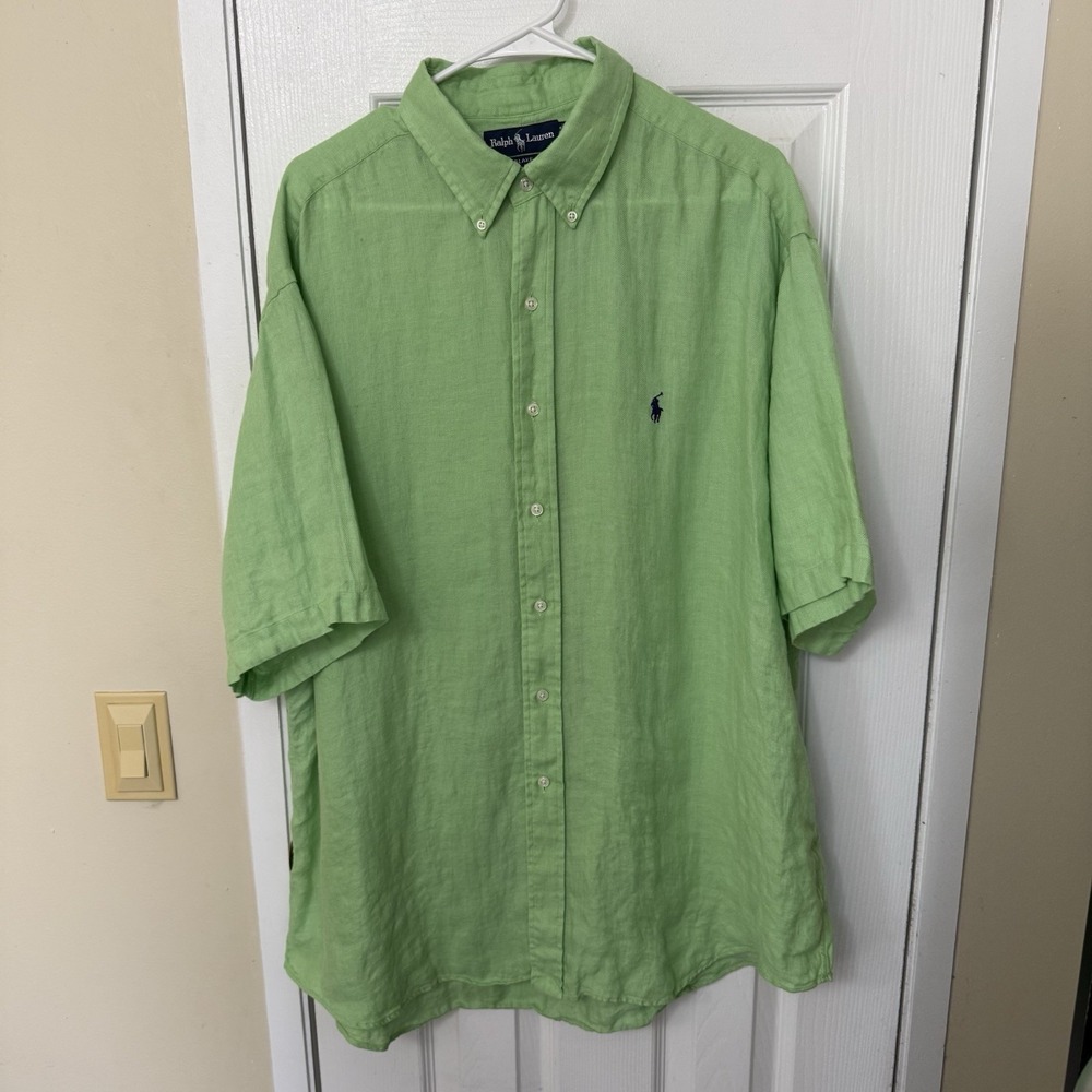 VTG RALPH LAUREN Shirt Mens XL 100% Linen Woven Button Down Short Sleeve Green